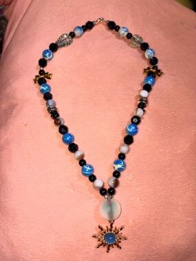 Handcrafted Blue Sun Pendant Beaded Necklace